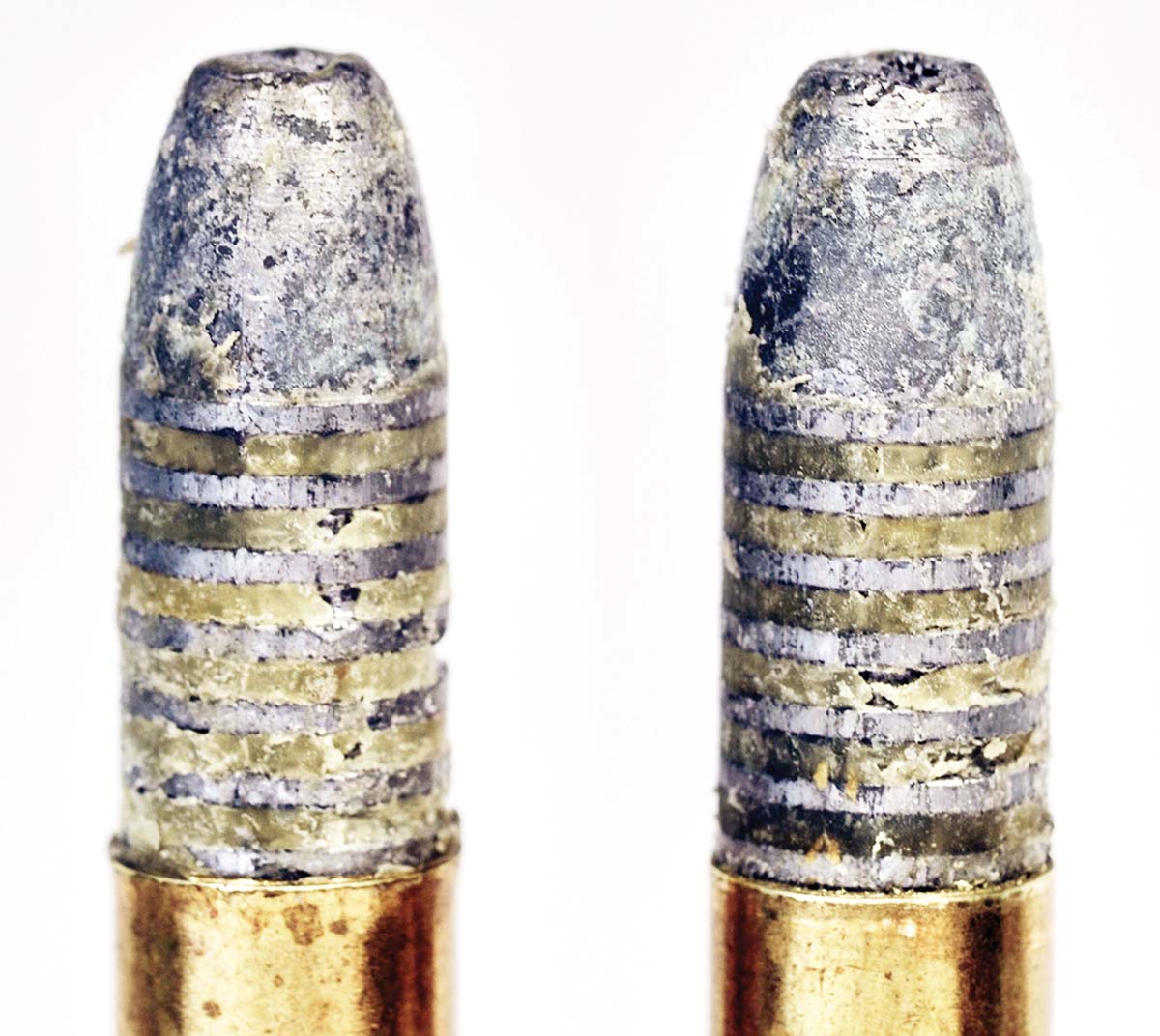 To shoot in the old target fashion, bullets are loaded well out of the case. As the action closes, the bullet comes in contact with the rifling, which seats it more deeply. Cases should be very slightly belled (left), then the case gently straightened but not crimped (right). This allows the case to chamber properly, and the bullet to seat more deeply without scraping.